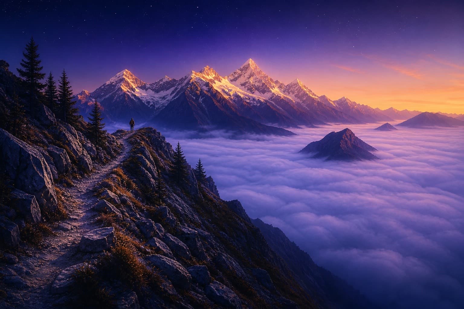 Une crête alpine au premier jour, au-dessus d'une mer de brouillard