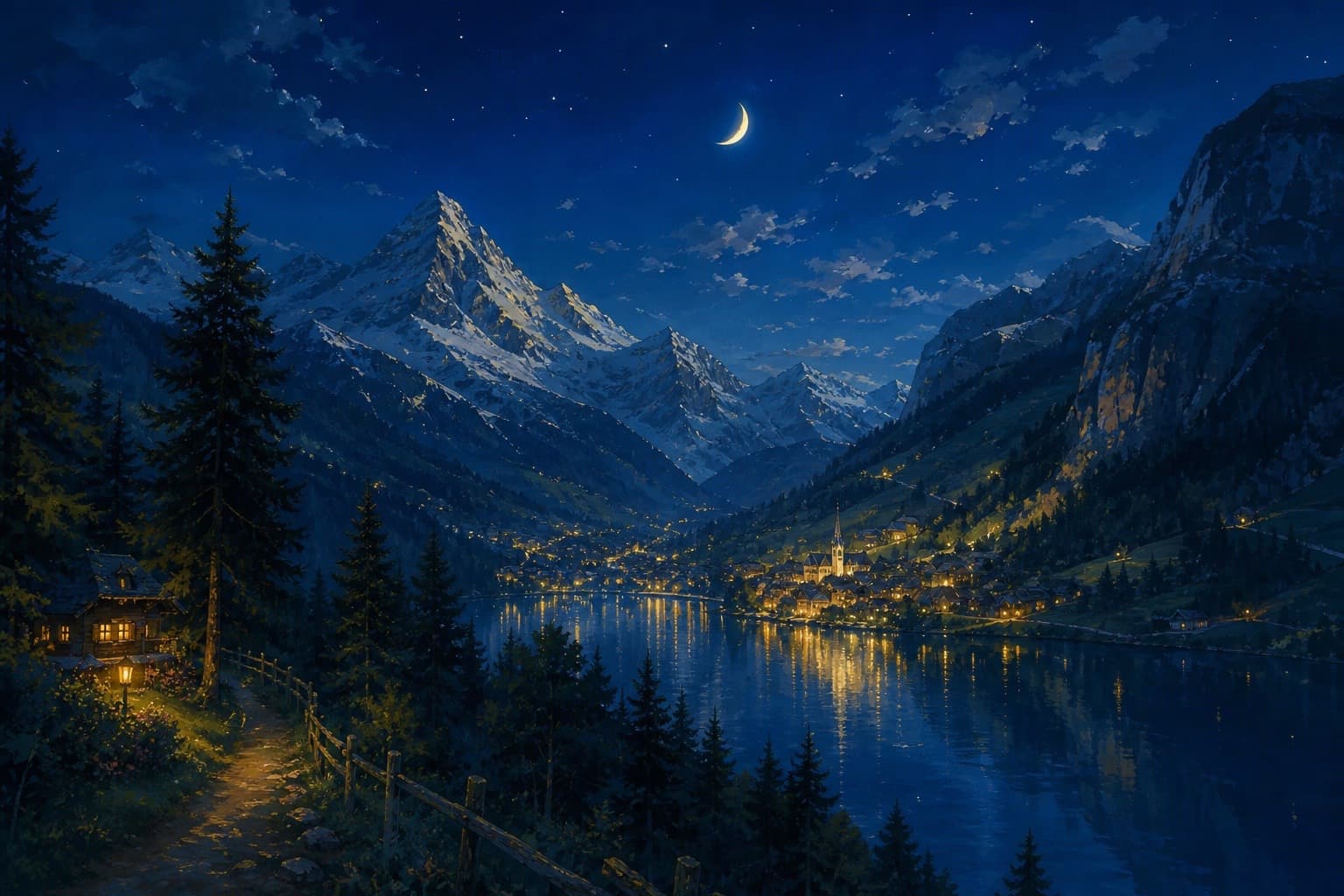 Village alpin suisse illuminé la nuit
