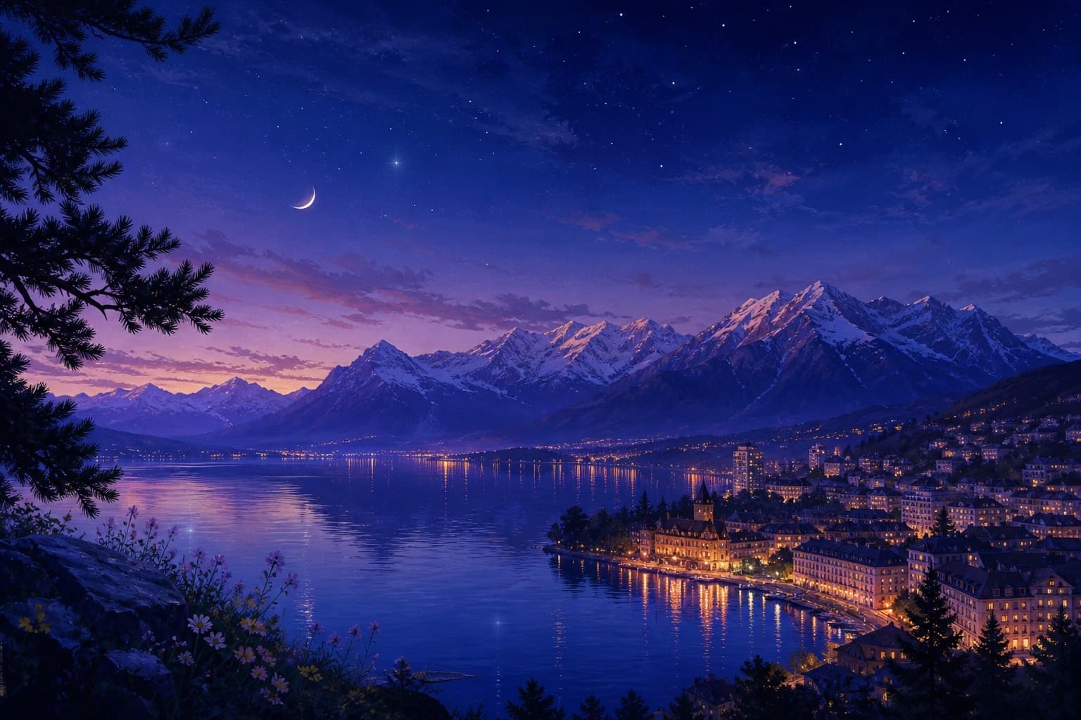 Le Léman et les Alpes au crépuscule, vus depuis Lausanne
